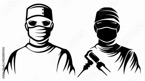 Two surgeons in scrubs and masks one holding a surgical tool in black and white illustration style art silhouette