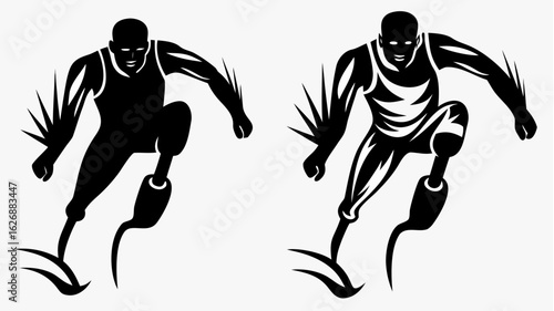 Two monochrome illustrations of amputee athletes in motion with stylized details and dynamic poses silhouette