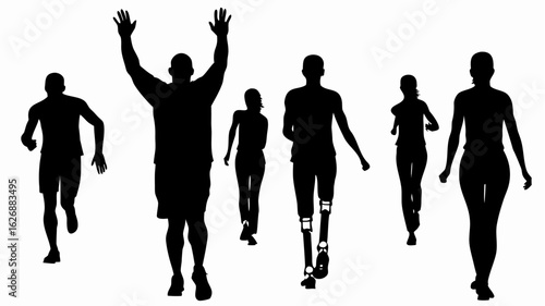 Silhouette illustration of a group of runners including one with a prosthetic leg and raised arms in victory