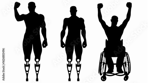 Silhouettes of three men with prosthetic legs and one in a wheelchair raising their arms in victory