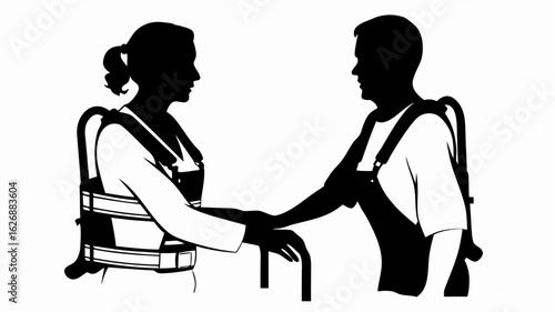 Silhouette of a woman assisting a man wearing a rehabilitation exoskeleton with a walking aid device