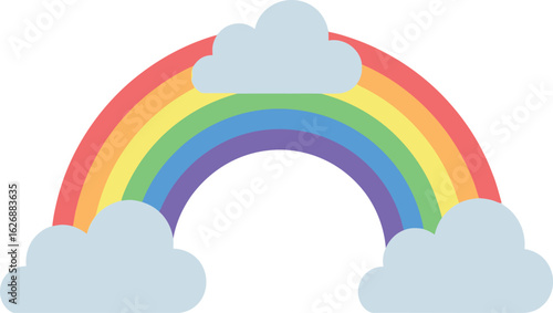 A vibrant stylized rainbow arches across a white background with fluffy white clouds adorning its ends symbolizing hope and joy