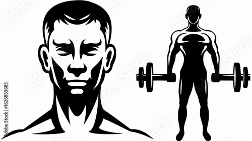 Illustration showing a man's face and a bodybuilder lifting weights in a black and white vector image silhouette