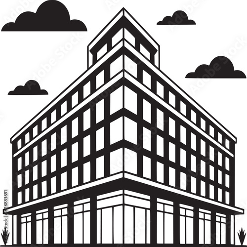 Illustration of a modern office building with a glass facade isolated on white background