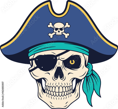A menacing skull wearing a classic blue pirate hat with a skull and crossbones emblem and a turquoise bandana covering one eye socket