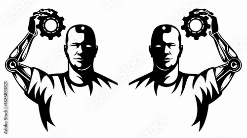 Two stylized figures with robotic arms holding gears in a symmetrical black and white illustration silhouette