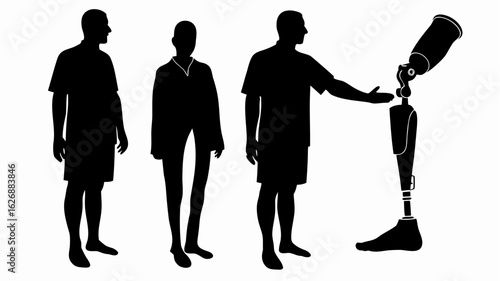 Silhouettes of three people and a prosthetic leg on a white background in a vector illustration