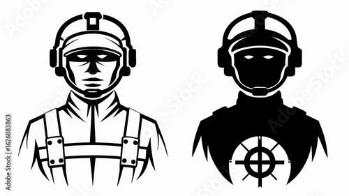 Illustration depicting two stylized pilots wearing helmets and headsets in contrasting black and white tones silhouette