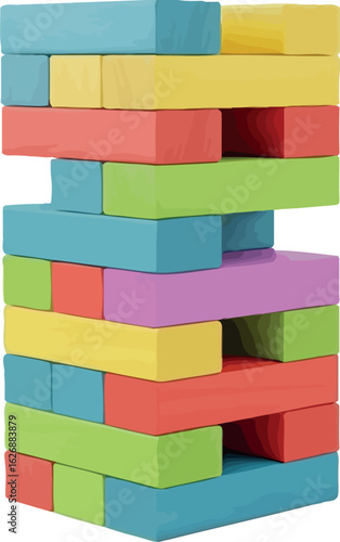 A colorful tower of wooden blocks stacked precariously high showcasing a vibrant and unstable structure of red blue yellow green and purple building pieces