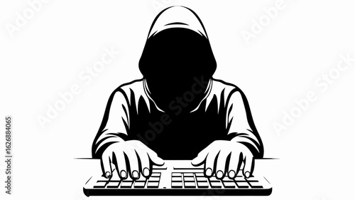 Person in a hoodie typing on a keyboard with an obscured face in a black and white vector illustration silhouette
