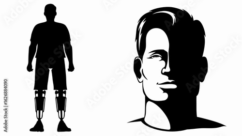 Silhouette of a man with prosthetic legs standing next to a stylized portrait of a man's face in black and white