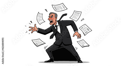Vector of a businessman throwing papers in frustration 