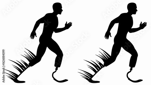 Silhouette of two athletes with prosthetic legs running with speed effect on a white background scene