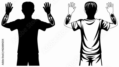 Two figures with arms raised showing tattoo designs on their forearms in black and white illustration silhouette