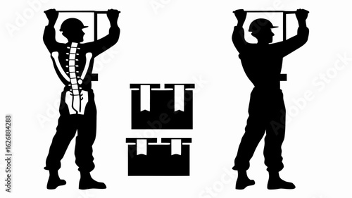 Silhouette of worker lifting with visible spine and boxes demonstrating proper lifting technique shown