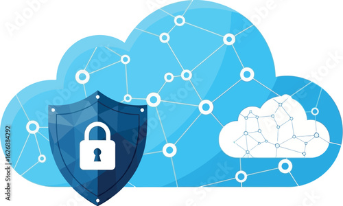 Secure cloud computing concept with a digital shield protecting data and network connections within abstract blue cloud shapes and a small white cloud