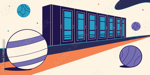 Futuristic server room with colorful spheres