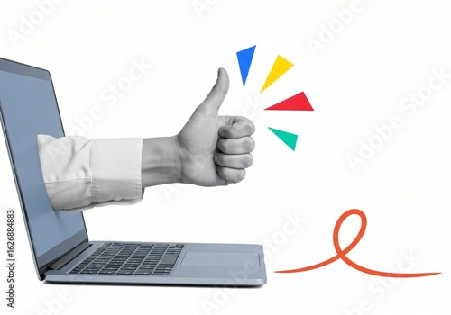 Thumbs up from laptop screen, a positive online endorsement and successful digital communication with vibrant graphic elements.