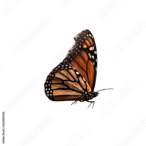 Monarch butterfly, side view, dark background