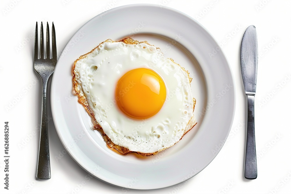 A perfectly cooked fried egg on a white plate, garnished with golden yolk, surrounded by stainless steel cutlery. A perfectly cooked fried egg on a white plate, garnished with golden yolk, surrounded by stainless steel cutlery.