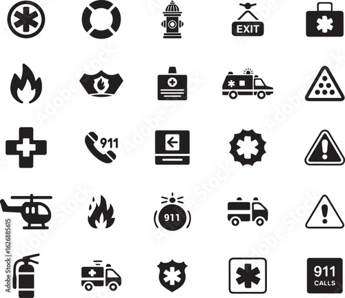 Emergency and safety icon set. Vector glyph pictograms of ambulance, fire, police, SOS, evacuation, natural disaster response, medical aid, law enforcement, black silhouette illustration. v2