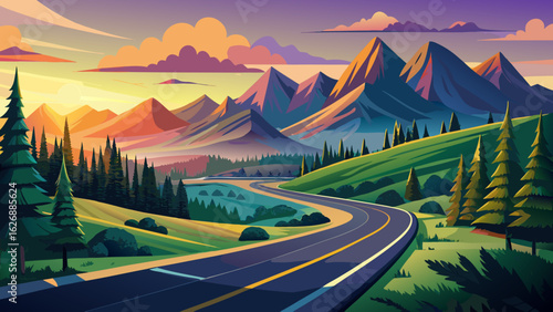 A winding asphalt road gently curves through the valley, where vibrant green trees blanket the hillsides. In the distance, majestic mountains rise under soft golden-pink hues of sunset.