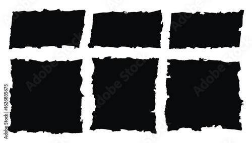 Retro style collage with ripped, jagged torn paper pieces, vintage scrapbook elements, old newspaper headlines, rough cut edges, blank sheets, and isolated vector illustrations for design projects,