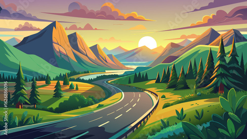 A winding asphalt road gently curves through the valley, where vibrant green trees blanket the hillsides. In the distance, majestic mountains rise under soft golden-pink hues of sunset.