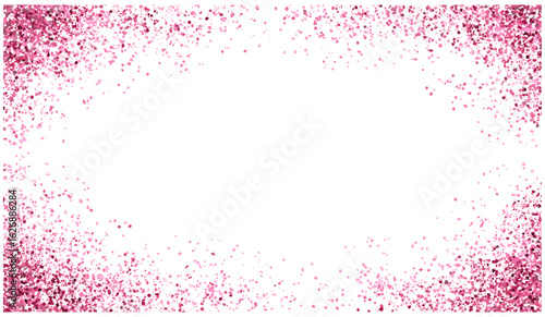 Pink glitter dust particles border with magic shining bokeh effect. Luxury festive decoration isolated on transparent background. Elegant sparkling pink frame design, bridal and holiday