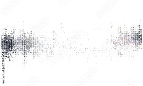 Dither pixelated glitch noise with 8 bit speckled distortion. Abstract horizontal gradation simulates audio waveform interference and signal disruption. Vector illustration, grain noise background