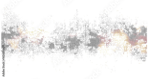 Speckled glitch and pixelated bitmap distortion with 8 bit dither effect. Horizontal waveform-like gradation mimics signal disruption and audio noise. Vector illustration, grainy background