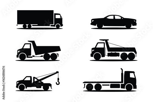 Diverse vehicle silhouettes for transportation and construction truck dump truck