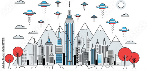 Whimsical illustration of a futuristic city skyline with numerous flying saucer alien spacecraft hovering above snow capped mountains and stylized trees
