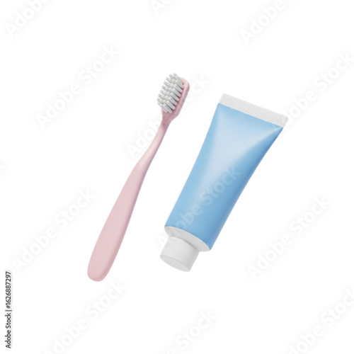 Pink toothbrush and blue toothpaste tube on a black background