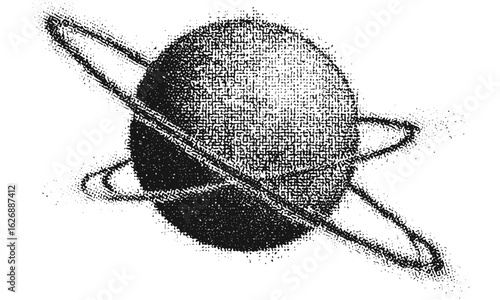 Retro planet design with grunge halftone stipple effect, perfect for Y2K punk collage. Vector illustration featuring grainy photocopy texture for experimental dotted banners, vintage style