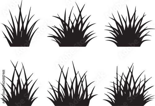 Six stylized black silhouettes of grass tufts varying in density and height showcasing sharp detailed blades