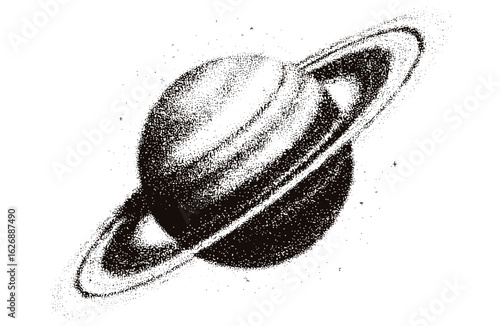 Halftone stipple effect on planet graphic for experimental punk collage design. Vector grainy photocopy texture perfect for retro banners, Y2K style, grunge posters, vintage cosmic space