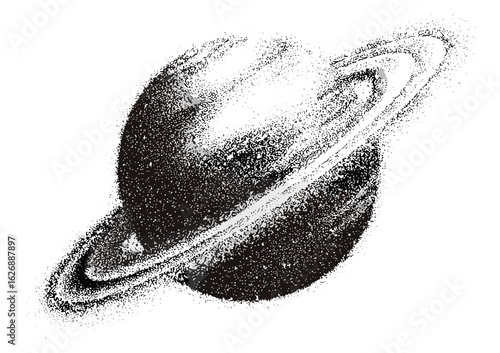 Retro planet design with grunge halftone stipple effect, perfect for Y2K punk collage. Vector illustration featuring grainy photocopy texture for experimental dotted banners, vintage style