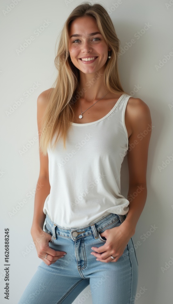 Obraz premium Smiling woman in casual attire exuding confidence