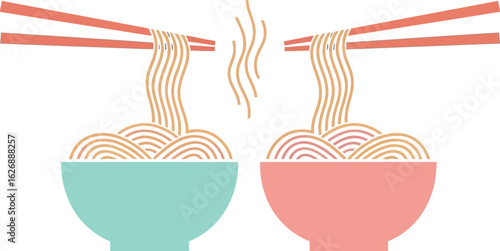 Two bowls of delicious ramen noodles being lifted with chopsticks showcasing a simple and modern illustration of asian cuisine and dining