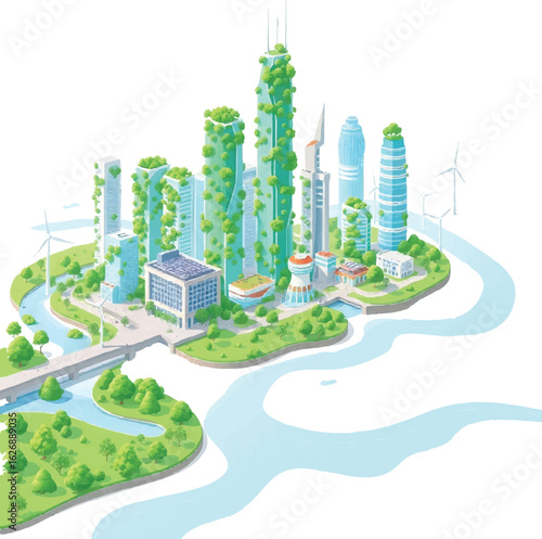 Green urban cityscape with modern buildings trees and eco friendly landscape
