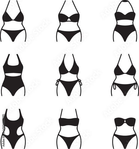 Various Black Swimsuit Silhouettes Bikini and OnePiece Swimwear Designs