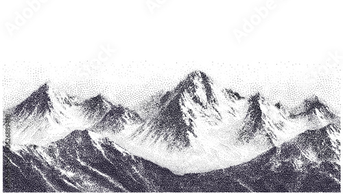 Vintage halftone vector with grainy noise overlay on abstract dotted mountain peaks. Retro grunge texture across snowy hills in mounted landscape style. Artistic rough terrain collage