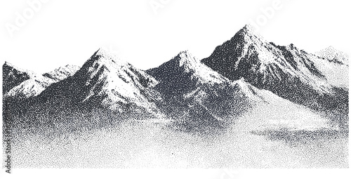 Retro halftone mountain vector featuring grainy noise and pointillist grunge texture. Abstract dotted rocky terrain and snowy hills in vintage photocopy style. Monochrome mountainous landscape