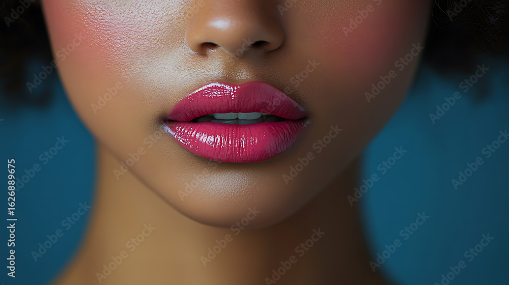 Obraz premium Close-up of a Woman's Lips with Pink Lipstick Against a Teal Background