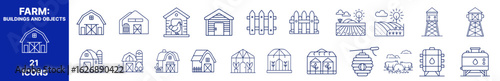 Set of farm buildings icons in flat design with simple outlines