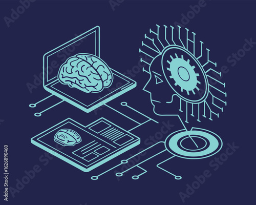 Artificial intelligence concept with human brain connected to computer system and data processing isometric illustration symbolizing machine learning and neural networks