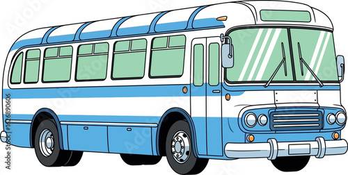 Vintage blue and white striped passenger bus with large windows and chrome accents on a white background classic transportation illustration