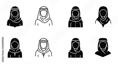 Diverse collection of Muslim women wearing traditional hijabs and headscarves
