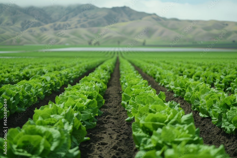 Cultivated field of lettuce growing in rows along the contour line skyscape. Neural network ai generated Cultivated field of lettuce growing in rows along the contour line skyscape. Neural network ai generated